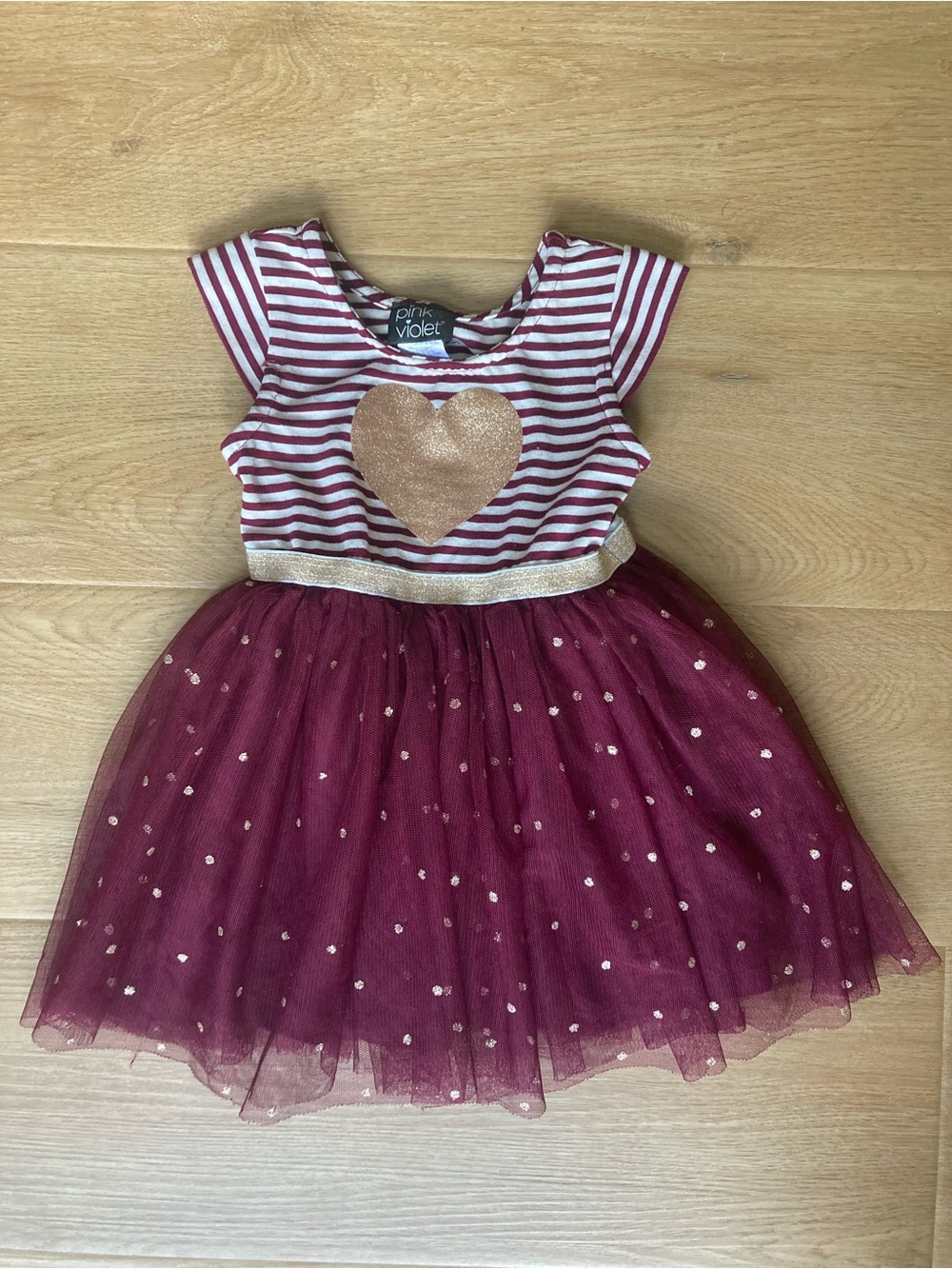 Pink & Violet Maroon Stripe Tulle Dress with Gold Heart and Polkadots